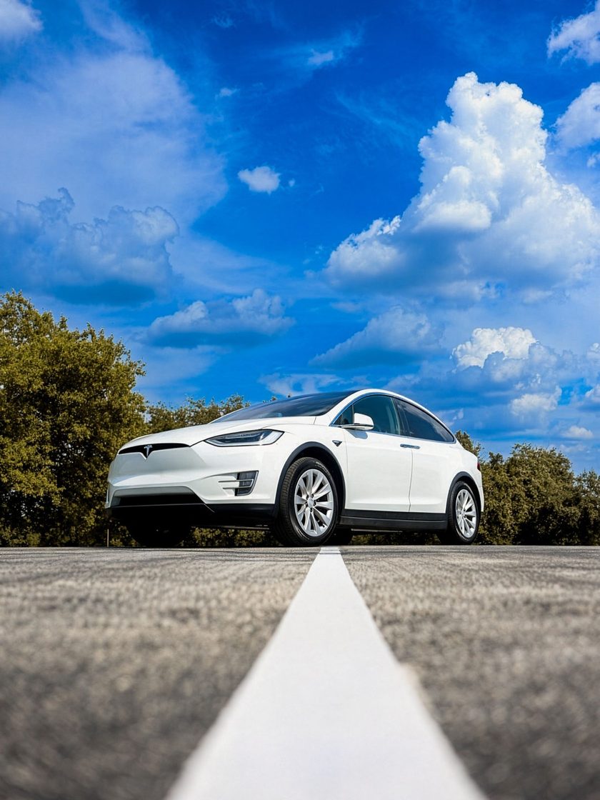 Elektrische SUV onder een blauwe lucht met wolken